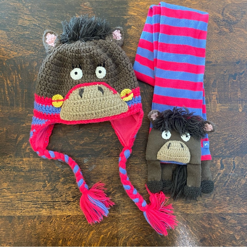 Joules Brown and Pink Horse Knit Hat and Scarf Set